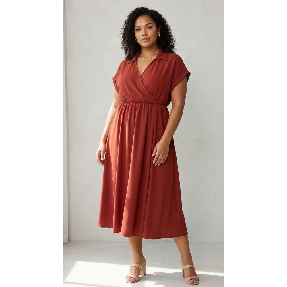 Torrid Midi Dress Rust Red Surplice Collared Elastic Waist Womens 1/1X